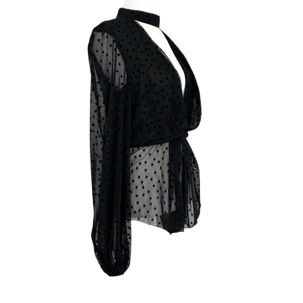 Nicholas Black Velvet Polka Dot Mesh Sheer Choker Blouse Top‎ (XS)